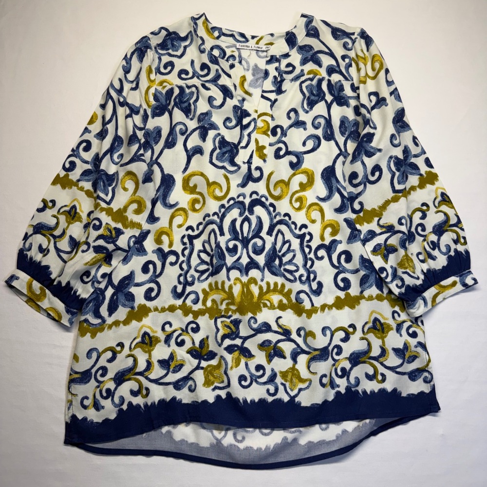 Figueroa & Flower Tunic Blouse PM Blue Yellow Damask Floral Women Boho Casual